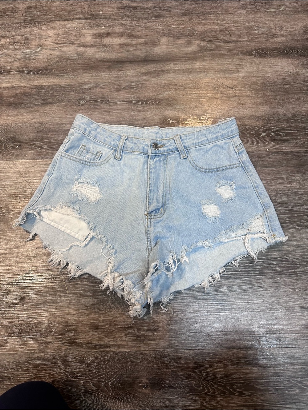 SHEIN Women’s Medium Light Wash Distressed High Rise Denim Shorts